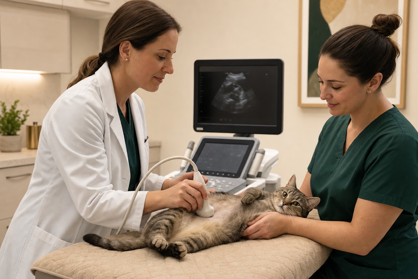 Veterinarian performing a gentle abdominal ultrasound on a cat